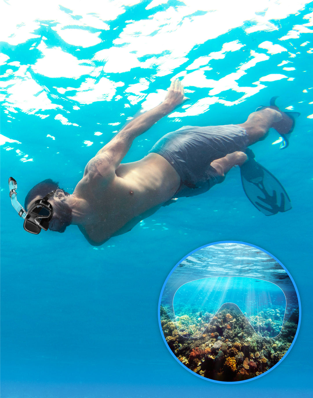man met snorkelmasker duikend in de oceaan naar het koraal kijkende