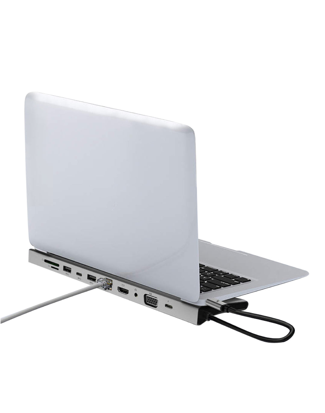 laptop op 11 in 1 usb dockingstation als laptopstandaard